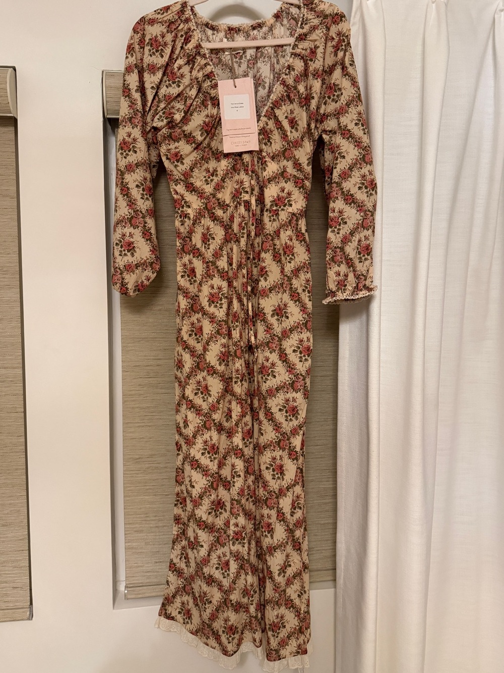 Christy Dawn Beige Maxi Dress with Red Floral Print